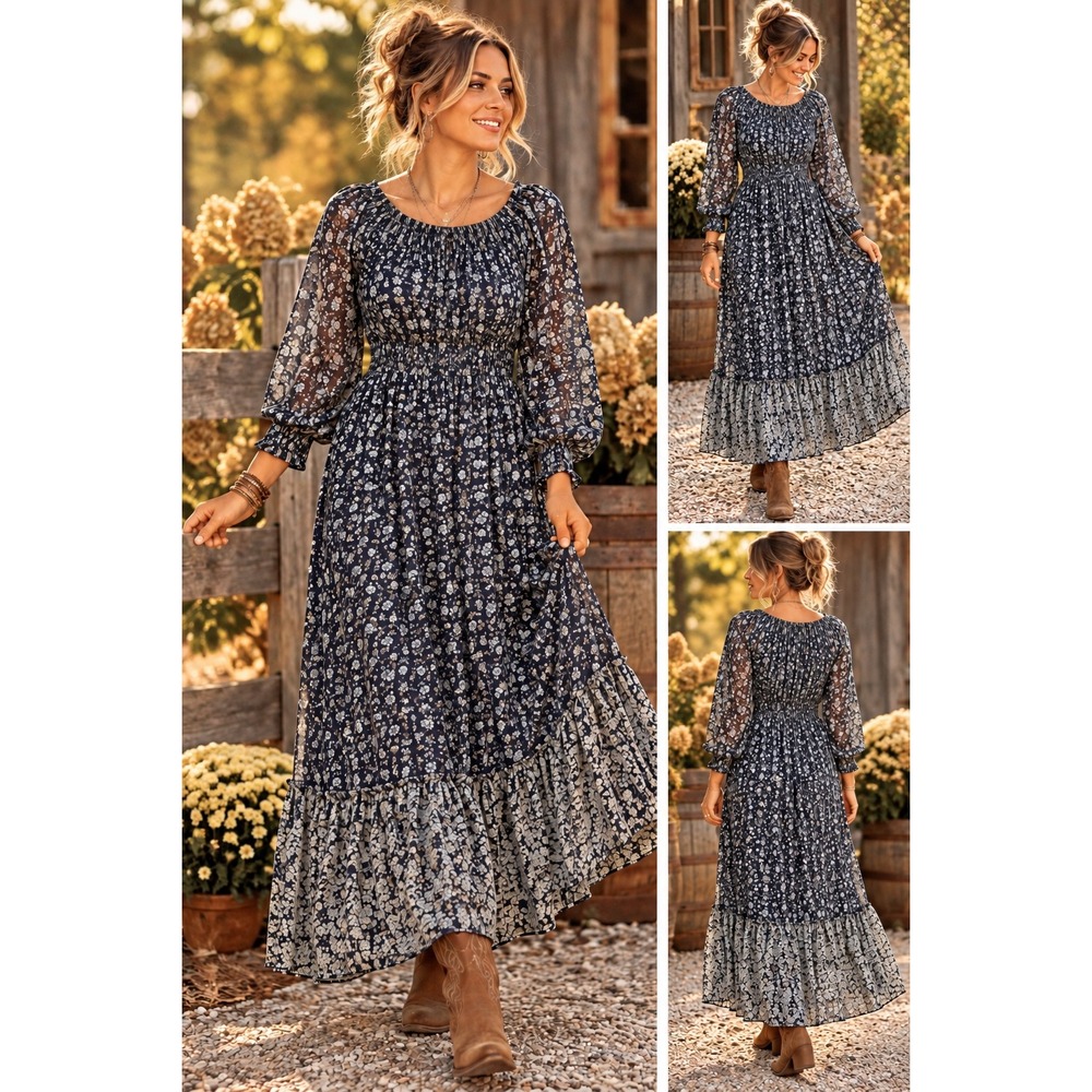 Knox Rose Maxi Dress Women XL Navy Floral Boho Prairie Cottagecore Romantic